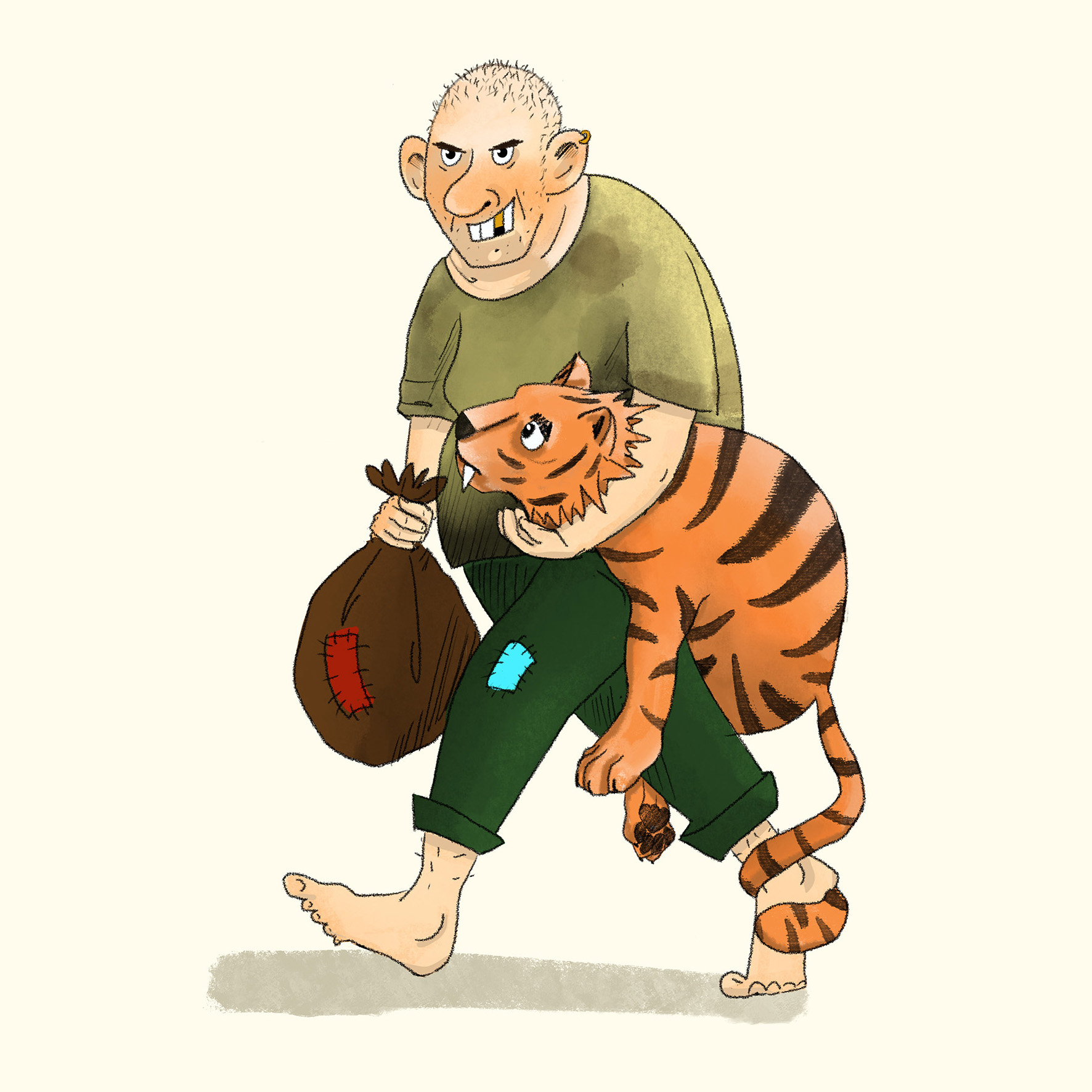 Kinderbuchillustration Räuber mit Tiger Janina Hansen Illustration Räuber mit Tiger unter dem Arm.