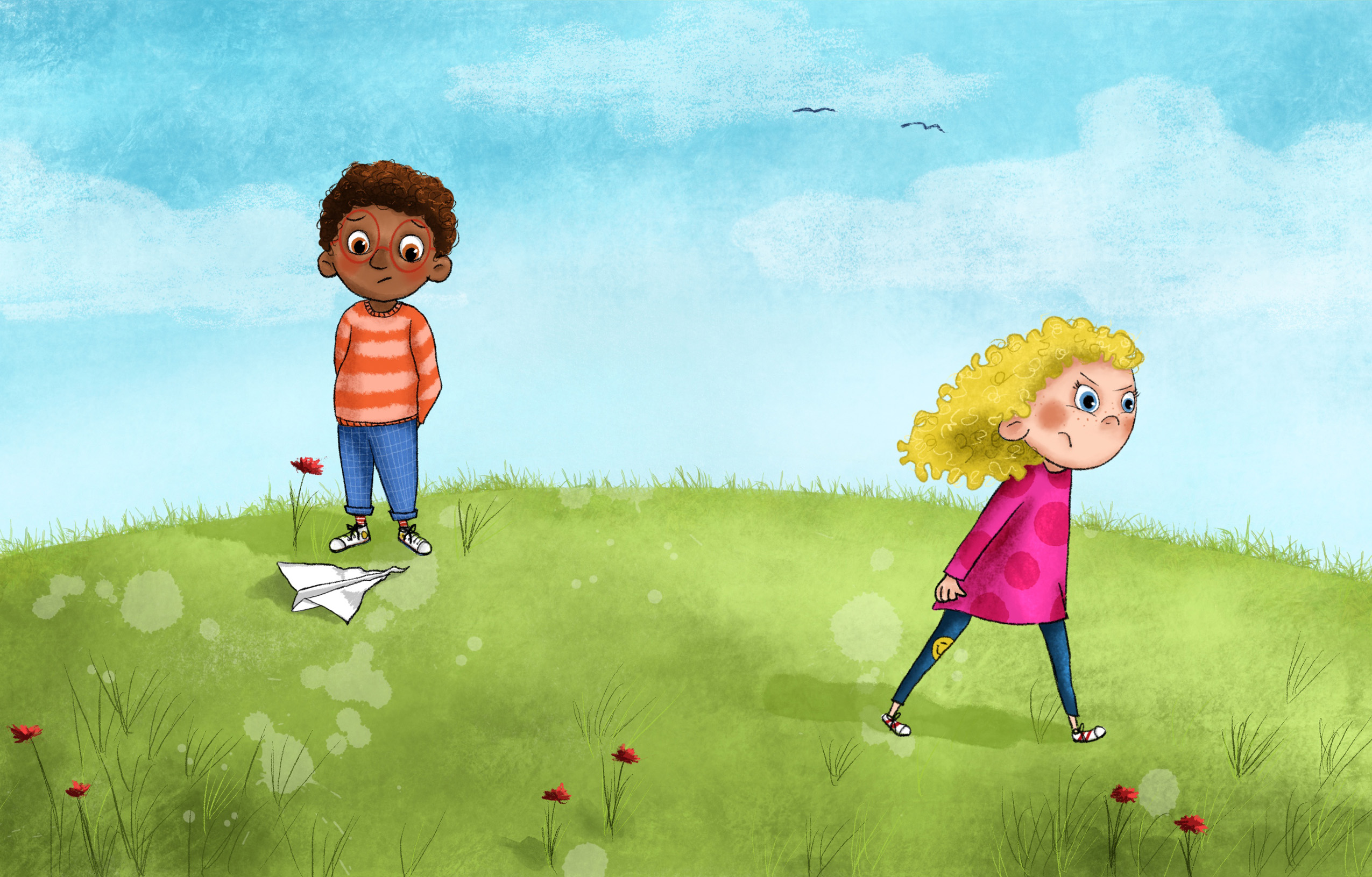 Kinderbuchillustration streitende Kinder Illustration Kinderbuch, streitende Kinder auf einer Wiese