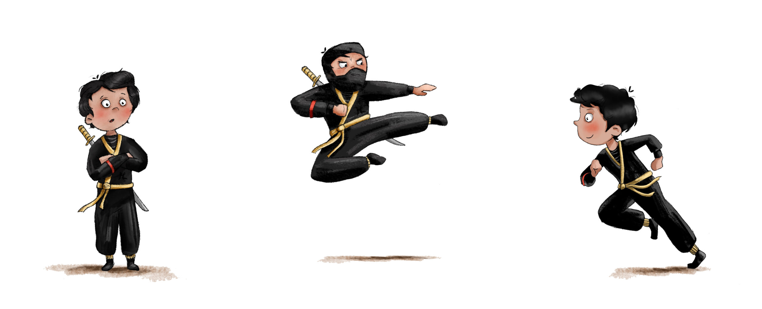 Illustration Ninja Charactersheet Kinderbuchillustration 3 Illustrationen eines kleinen Ninjas