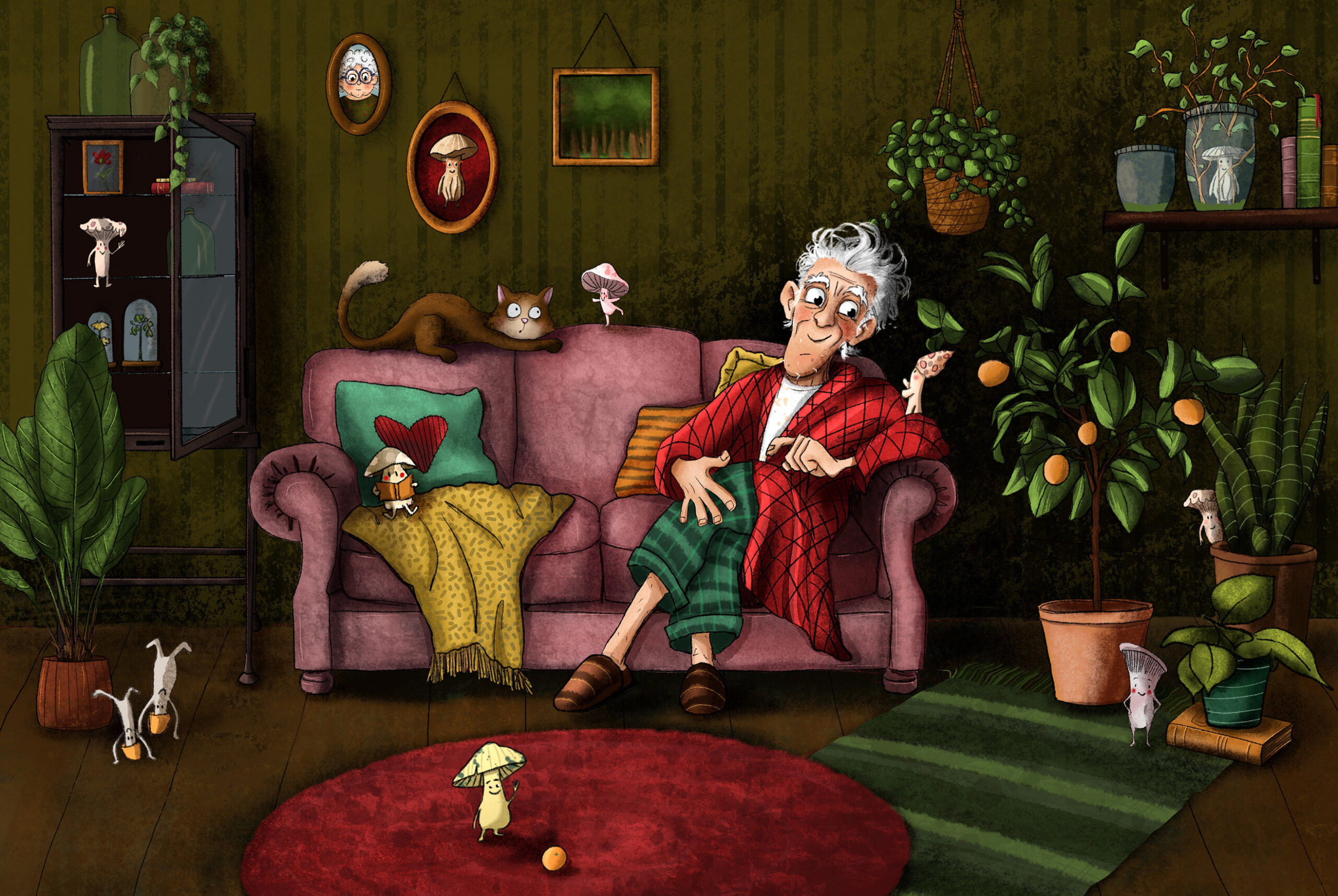 Lustiger Mann mit kleinen Pilzen Kinderbuchillustration Illustration eines alten Mannes in einem dunklen Wohnzimmer mit viele Pflanzen und kleinen Pilzen.