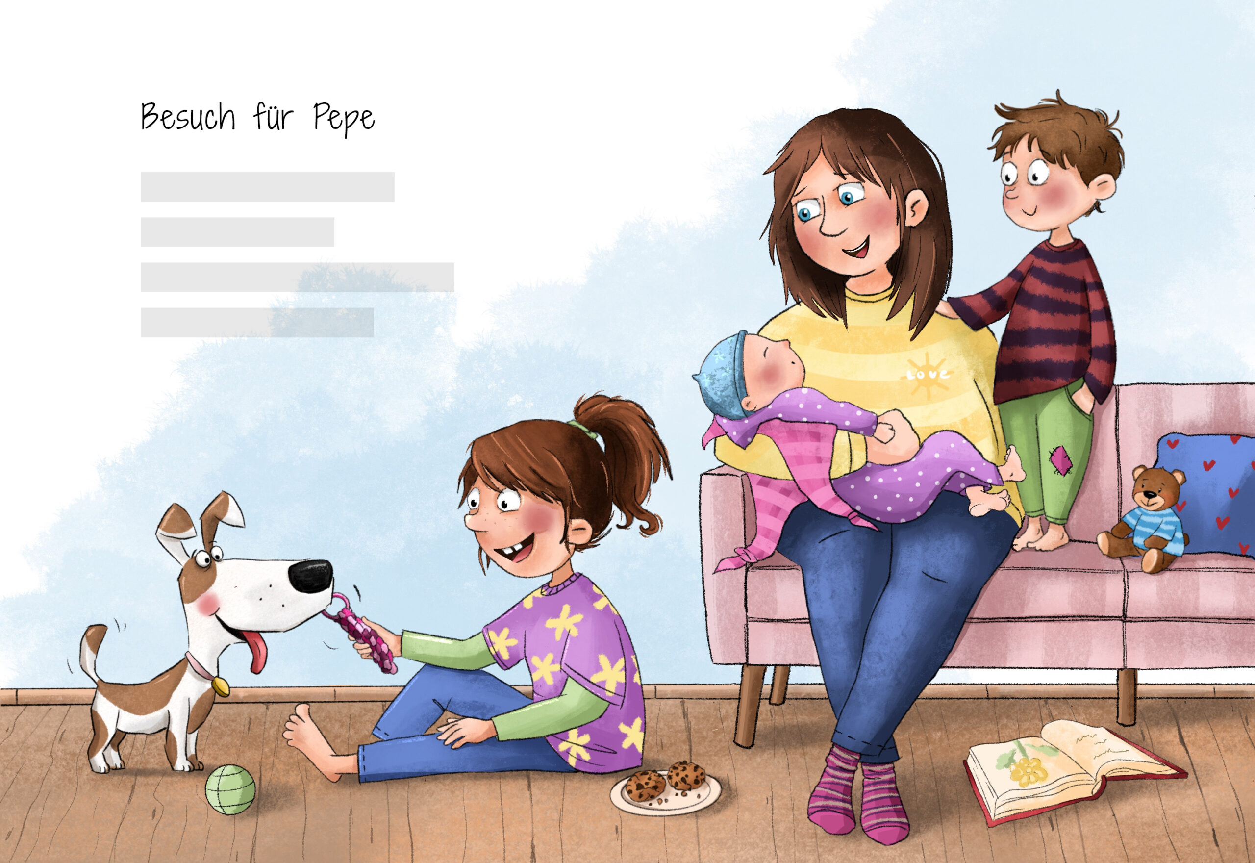 Kinderbuchillustration Familie mit Hund Illustration einer Familie mit Hund