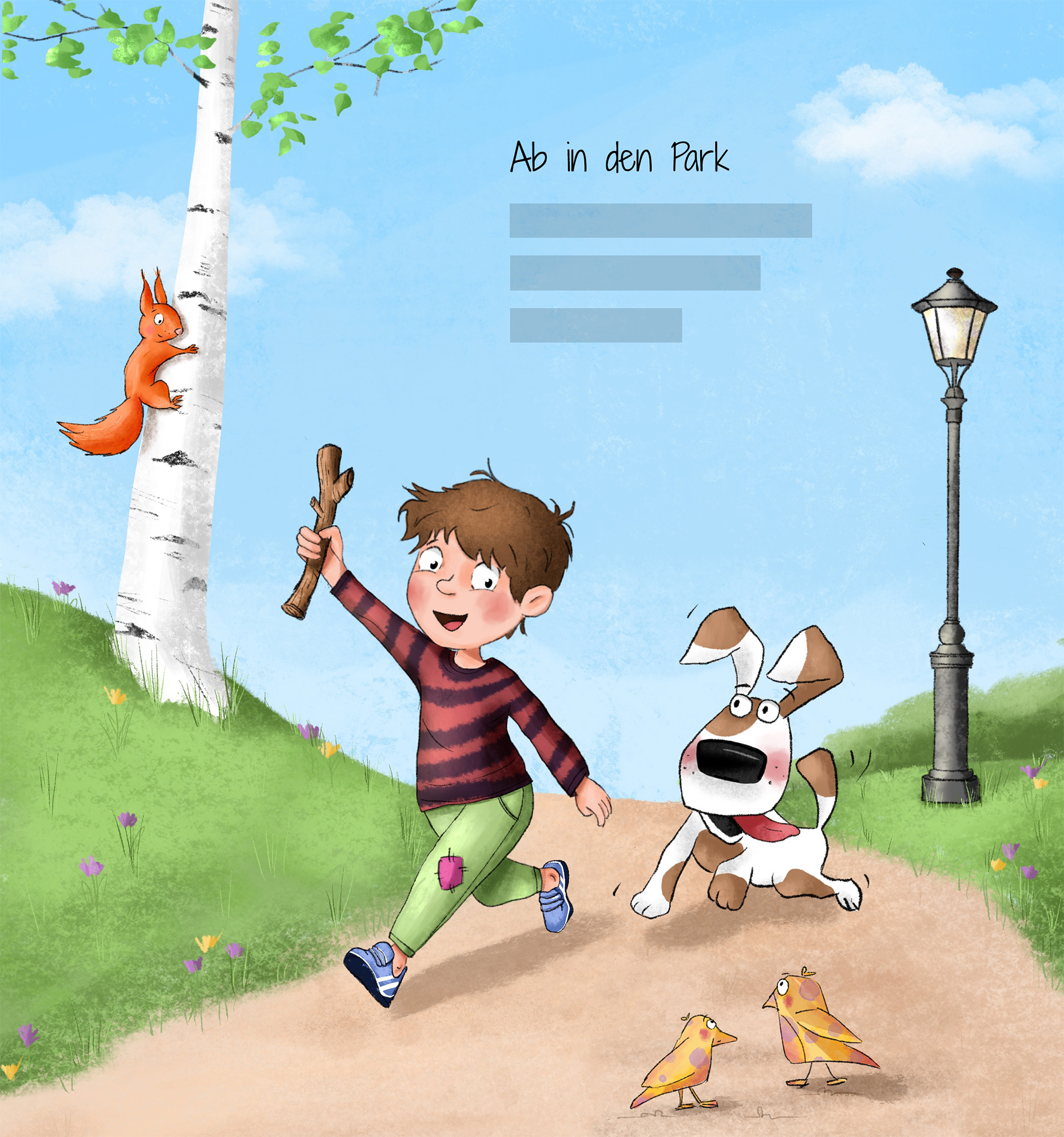 Park Illustration Kinderbuch Kleiner Junge mit Hund im Park Illustration