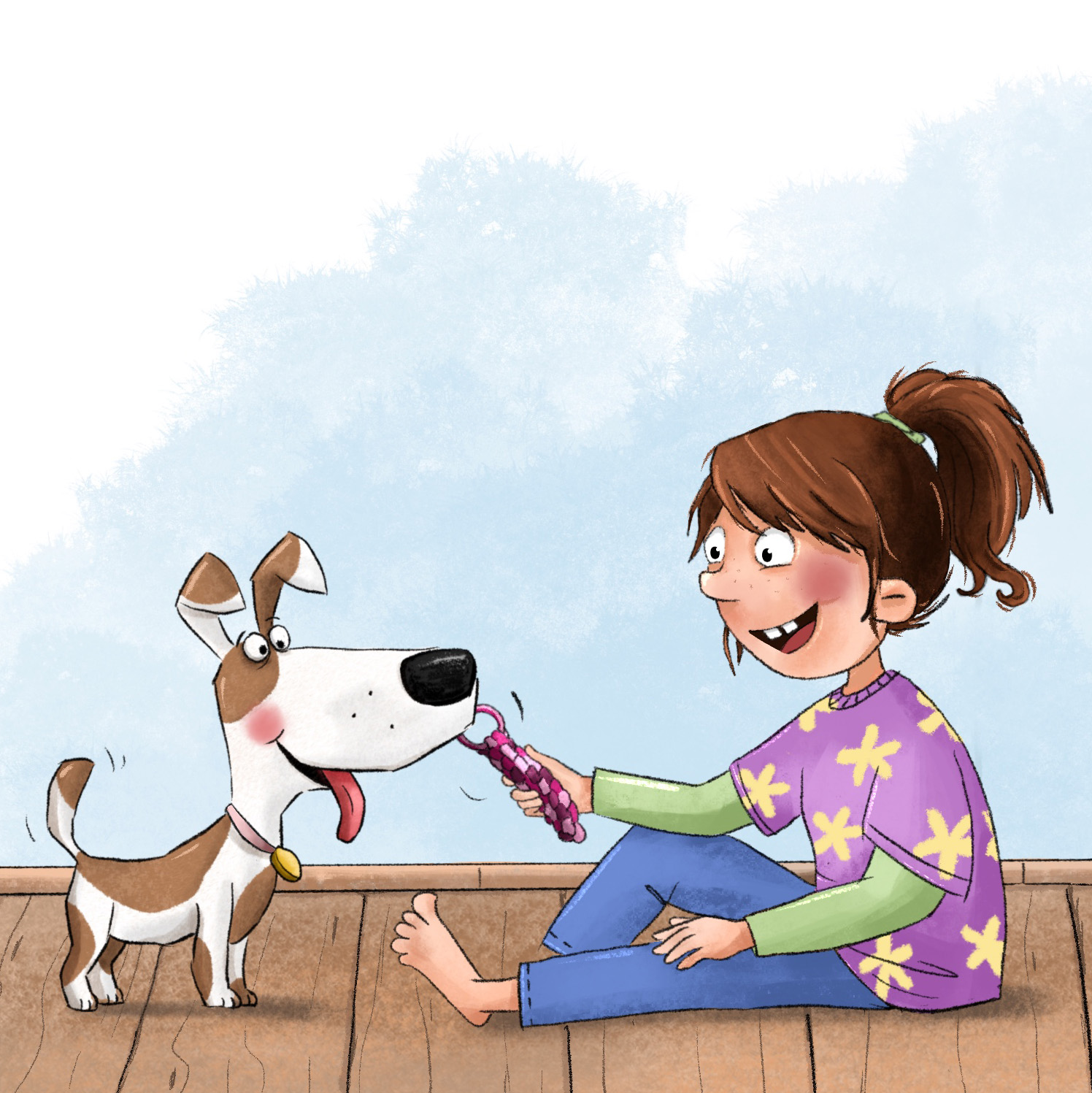 girl with dog neu Illustration Räuber mit Tiger unter dem Arm.